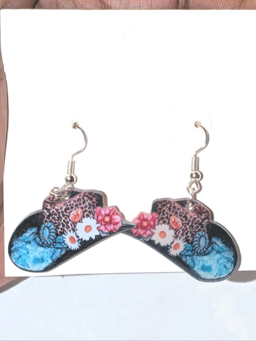 Hand Crafted Festive Western Floral Cowgirl Boot Dangle Earrings - Pink & Blue